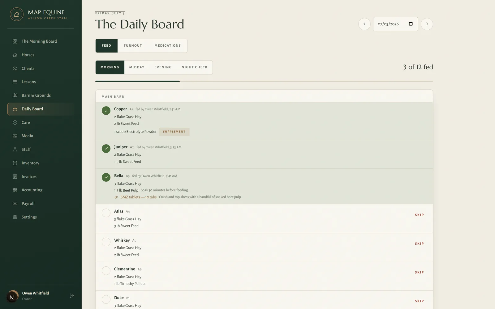 The Daily Board — feed, turnout, and medication checklists