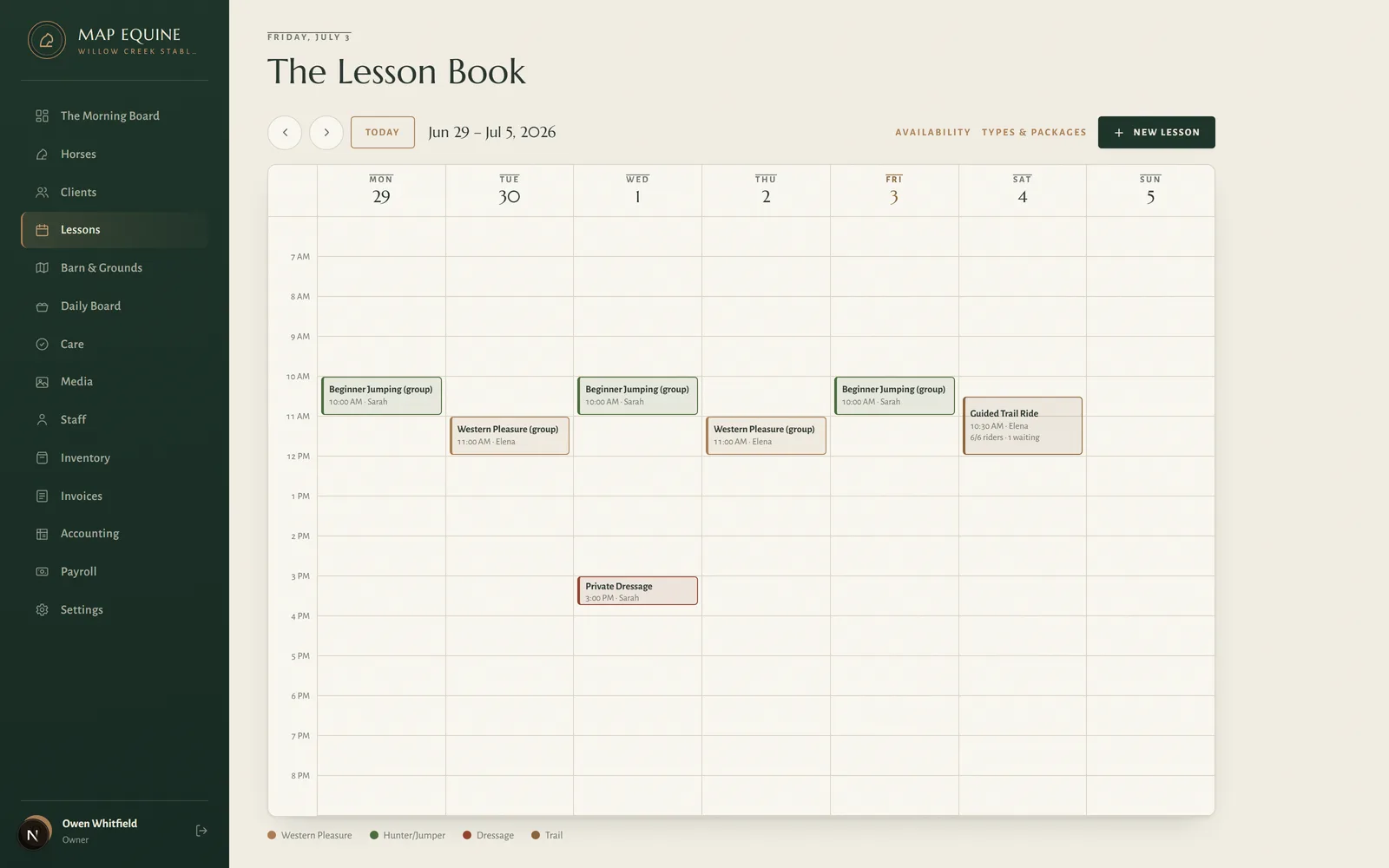The lessons calendar — a week of scheduled lessons