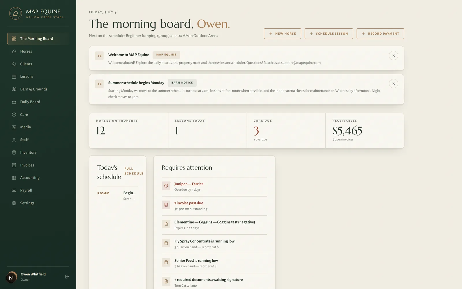 The Morning Board — the barn's whole day at a glance