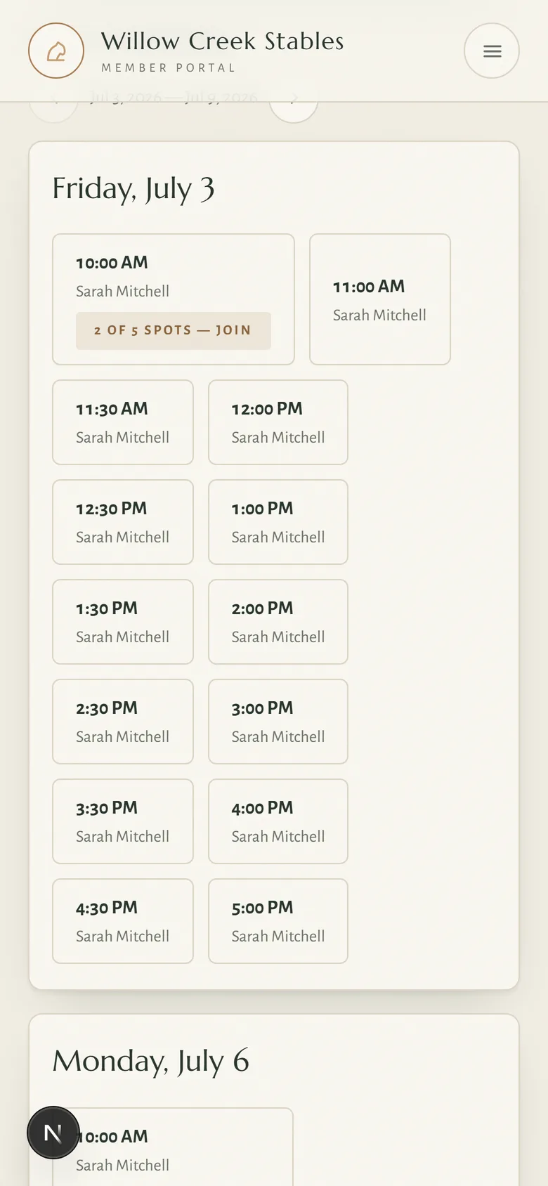 A client booking a lesson from their phone