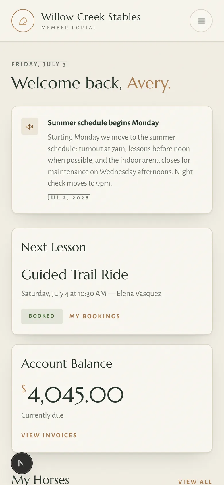 The client portal on a phone — a member's home page