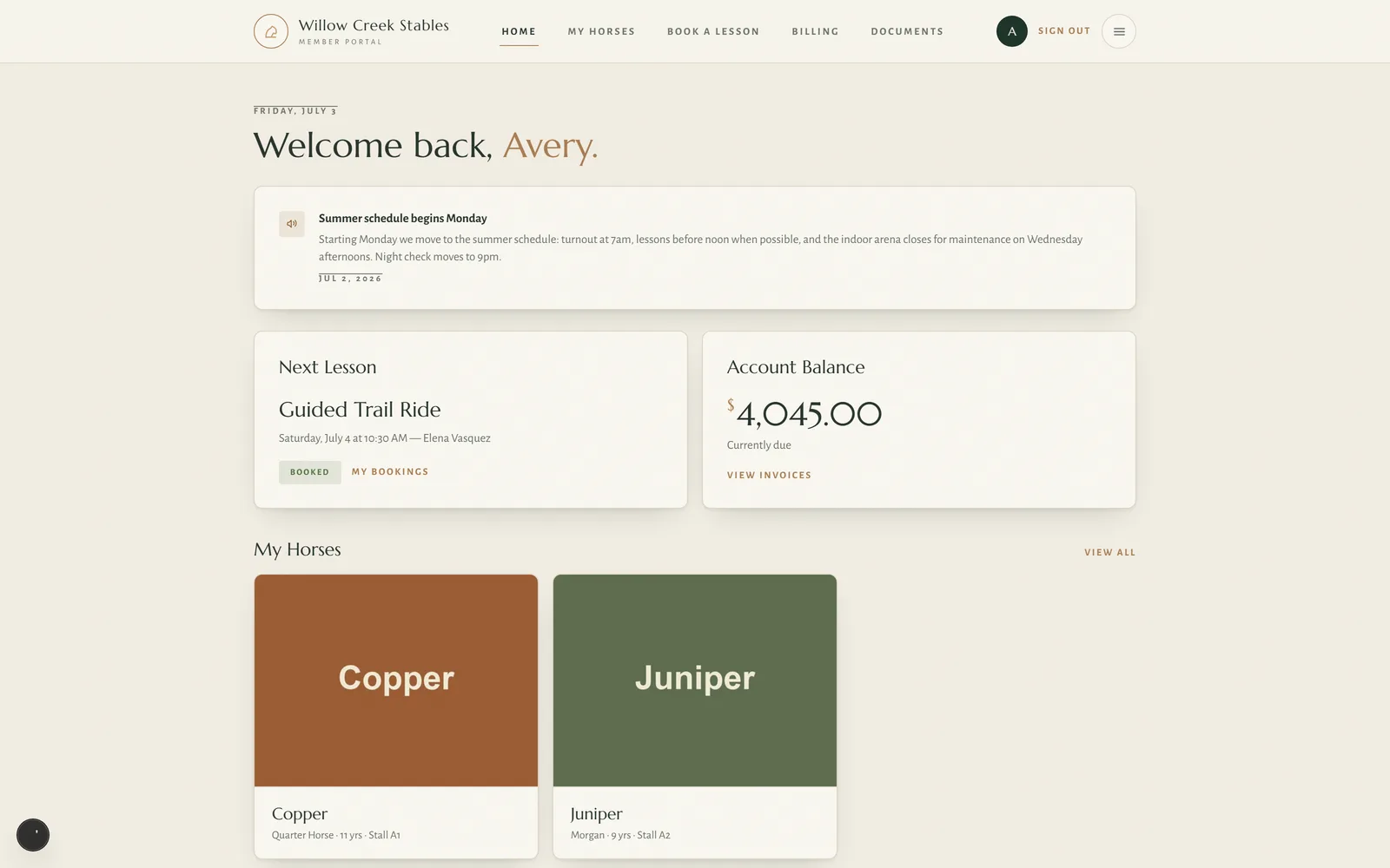 The client portal home — a member's horses and upcoming lessons